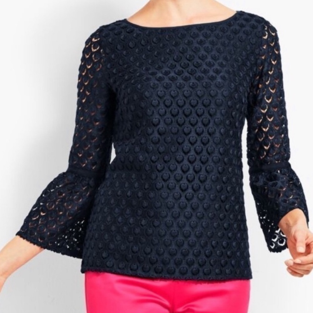 RSVP by Talbots Navy Eyelet Lace Bell Sleeve Top